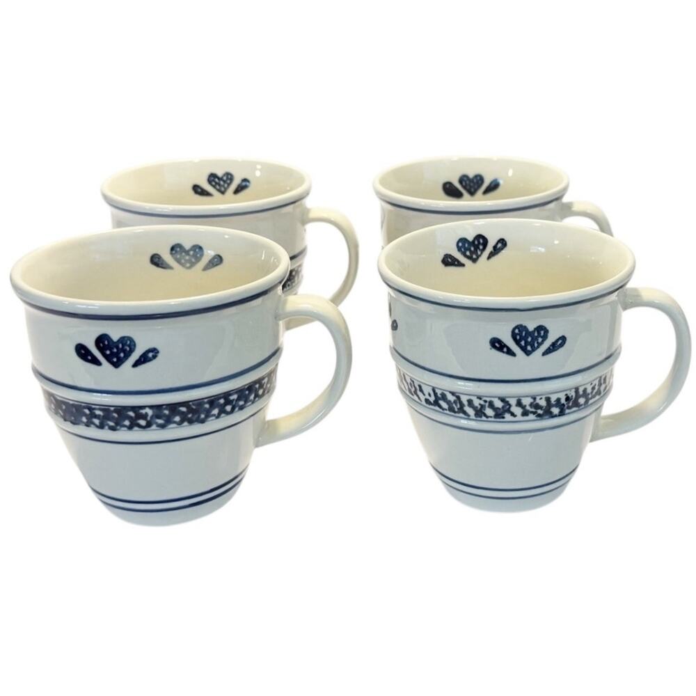 Vtg Tienshan Country Crock Blue Heart Banded Spongeware Coffee Mug Set of 4